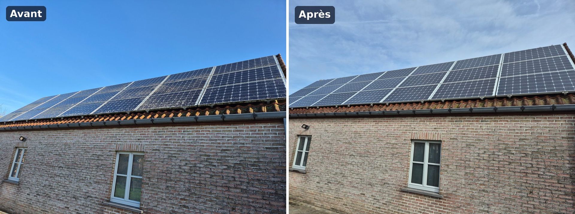 Panneaux photovoltaïques avant et après nettoyage à l'eau pure, Deux-Acren