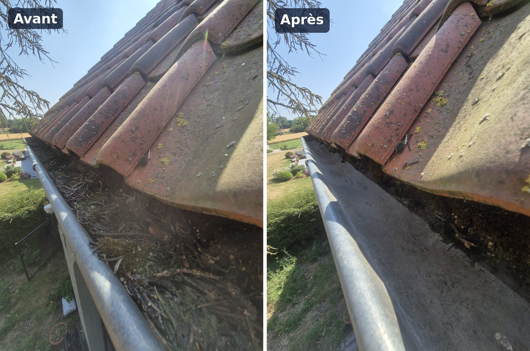 Intérieur d'une gouttière avant et après aspiration, vu par la caméra sur perche, Hoves