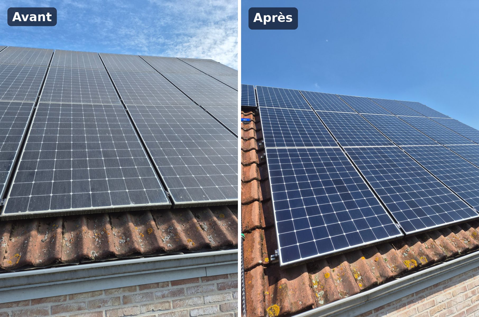 Panneaux photovoltaïques avant et après nettoyage à l'eau pure, Enghien
